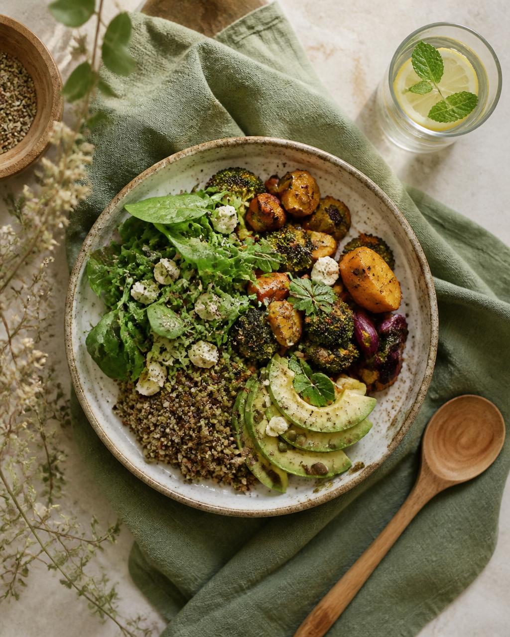 Plato saludable y antiinflamatorio servido con luz natural